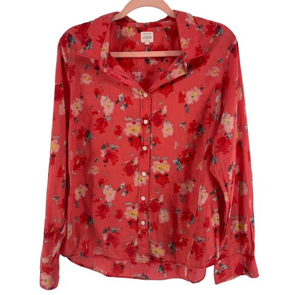 J. Crew Women's Size Large Peach/Coral Floral Long-Sleeved Button-Down Shirt - Picture 1 of 6